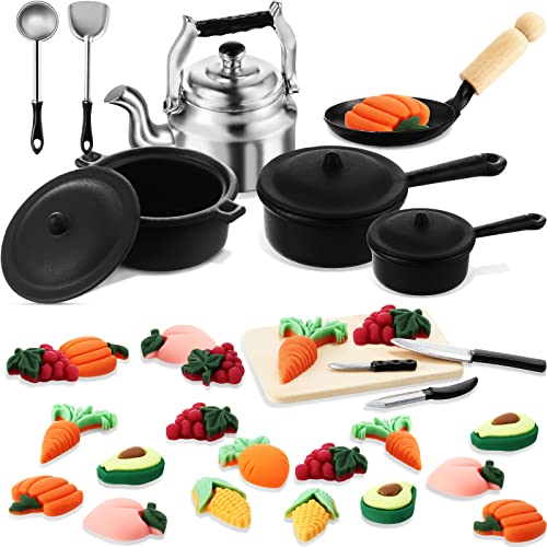 34 Pieces Dollhouse Miniature Metal Pots and Pans 1/12 Scale Mini Dollhouse Kitchen Cookware Vegetable and Fruit Sets for Adults Children Pretend Play Kitchen Cooking Game Birthday Party Present