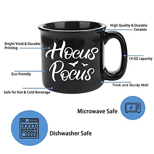 P.G Collin Halloween Hocus Pocus Coffee Mug for Women Men Kids – Black Ceramic Camping Mug with 14OZ Capacity