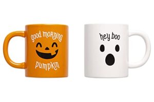 pearhead halloween mug set, good morning pumpkin and hey boo coffee mugs, novelty fall holiday cups, set of 2, 13 oz