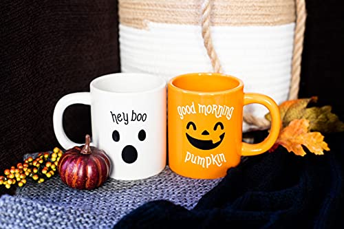 Pearhead Halloween Mug Set, Good Morning Pumpkin and Hey Boo Coffee Mugs, Novelty Fall Holiday Cups, Set of 2, 13 oz