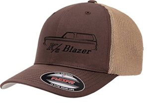 1973-1991 blazer k5 truck classic outline design flexfit 6511 trucker mesh fitted cap brown/khaki
