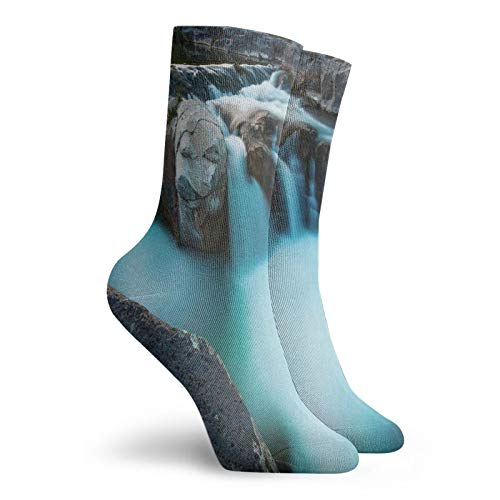 Fashion Compression Socks,Waterfall Basalt Rocks Rural Scenery National Park Nature Woods Photo,Performance Polyester Cushioned Athletic Crew Socks for Running,Athletic, -12 inch