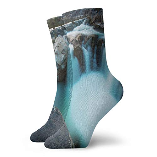 Fashion Compression Socks,Waterfall Basalt Rocks Rural Scenery National Park Nature Woods Photo,Performance Polyester Cushioned Athletic Crew Socks for Running,Athletic, -12 inch