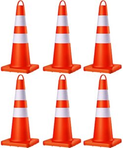 merchy hero traffic cones – 6-pack traffic safety cones with handle – 28-inch heavy-duty orange cones with reflective collars – stackable cones for parking lot