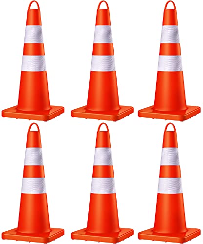 MERCHY HERO Traffic Cones – 6-Pack Traffic Safety Cones with Handle – 28-inch Heavy-Duty Orange Cones with Reflective Collars – Stackable Cones for Parking Lot