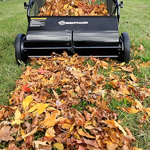 Right Hand 26-Inch Push Lawn Sweeper, Strong Rubber Wheels & Heavy Duty Durable Steel Structure Sweeps Leaf Grass & More, 7ft Mesh Collection Bag, 4 Spinning Brushes