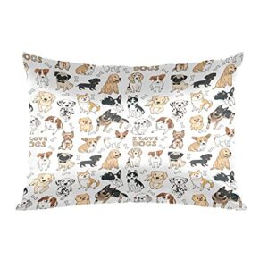 cute dog satin pillowcase for hair and skin silk washable pillowcase, dog pattern theme pillow cases cooling satin pillow covers with envelope closure, standard size(20x30 inches)