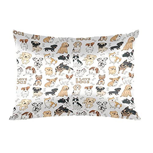 Cute Dog Satin Pillowcase for Hair and Skin Silk Washable Pillowcase, Dog Pattern Theme Pillow Cases Cooling Satin Pillow Covers with Envelope Closure, Standard Size(20x30 inches)