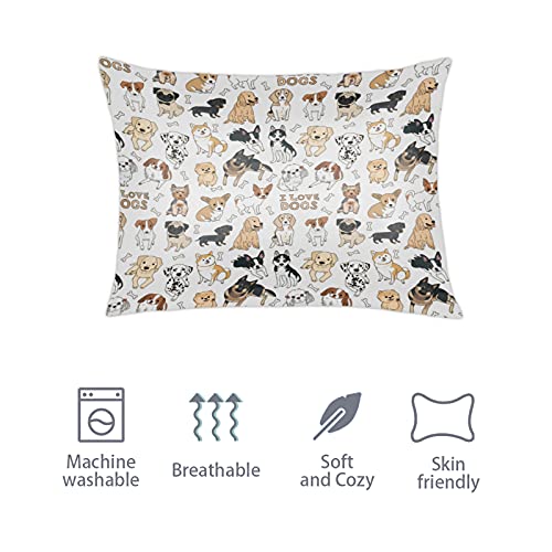 Cute Dog Satin Pillowcase for Hair and Skin Silk Washable Pillowcase, Dog Pattern Theme Pillow Cases Cooling Satin Pillow Covers with Envelope Closure, Standard Size(20x30 inches)