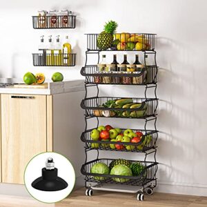 fruit vegetable basket, 1easylife 5 tier stackable metal wire basket cart with rolling wheels, utility rack for kitchen, pantry, garage with 2 free baskets (black)