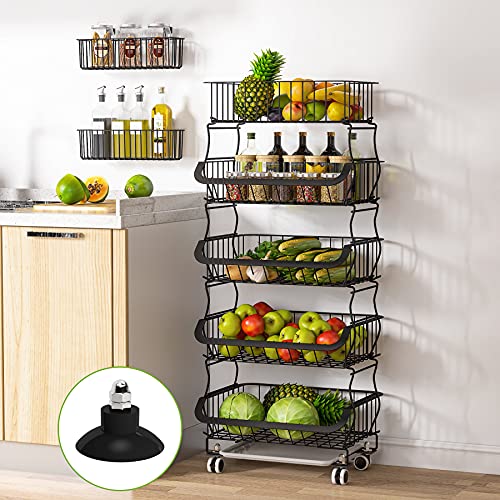 Fruit Vegetable Basket, 1Easylife 5 Tier Stackable Metal Wire Basket Cart with Rolling Wheels, Utility Rack for Kitchen, Pantry, Garage With 2 Free Baskets (Black)