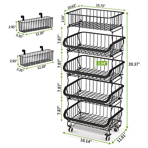 Fruit Vegetable Basket, 1Easylife 5 Tier Stackable Metal Wire Basket Cart with Rolling Wheels, Utility Rack for Kitchen, Pantry, Garage With 2 Free Baskets (Black)