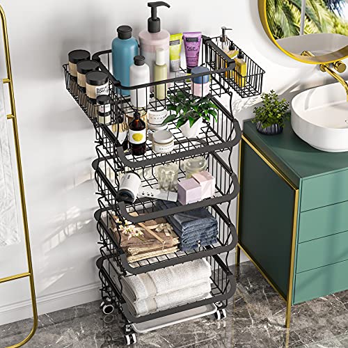Fruit Vegetable Basket, 1Easylife 5 Tier Stackable Metal Wire Basket Cart with Rolling Wheels, Utility Rack for Kitchen, Pantry, Garage With 2 Free Baskets (Black)