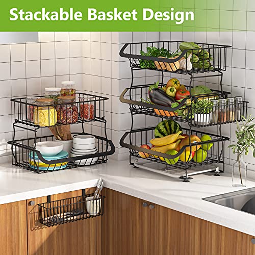 Fruit Vegetable Basket, 1Easylife 5 Tier Stackable Metal Wire Basket Cart with Rolling Wheels, Utility Rack for Kitchen, Pantry, Garage With 2 Free Baskets (Black)