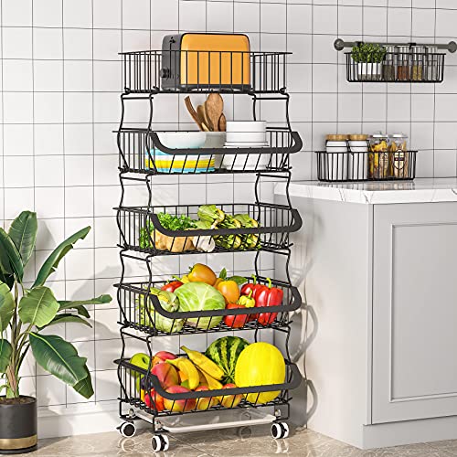 Fruit Vegetable Basket, 1Easylife 5 Tier Stackable Metal Wire Basket Cart with Rolling Wheels, Utility Rack for Kitchen, Pantry, Garage With 2 Free Baskets (Black)