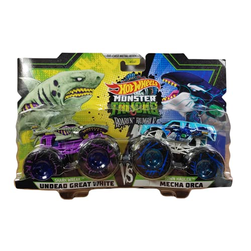 Metal Hotwheels Monster Trucks Roarin Rumble 1:64 Scale Double Pack, Shark Wreak Undead Great White VS Town Hauler Mecha Orca, Multicolor