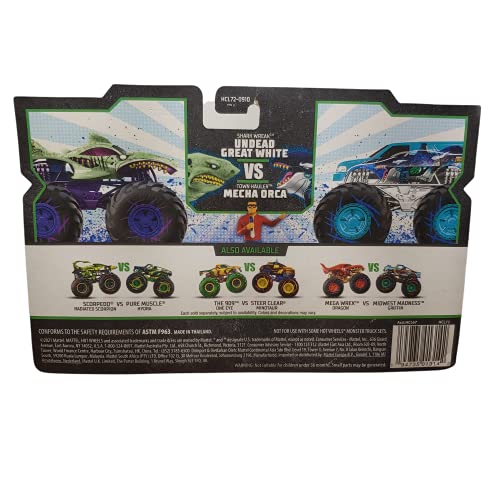 Metal Hotwheels Monster Trucks Roarin Rumble 1:64 Scale Double Pack, Shark Wreak Undead Great White VS Town Hauler Mecha Orca, Multicolor