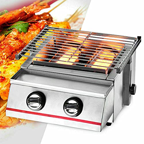 Fetcoi Tabletop Grill Portable Gas Griddle 2/3/4/6/8 Burners, Stainless Steel Home and Commercial Use LPG Gas Grill for Parties, Backyard Barbeques,Widely Used in Roadside Stalls, Carnivals, Buffets (2 Burners)