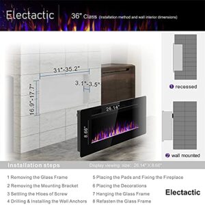 Electactic 36 inches Electric Fireplace Recessed and Wall Mounted Electric Fireplace, Fireplace Heater and Linear Fireplace, with Timer, Remote Control, Adjustable Flame Color, 750w/1500w, Black