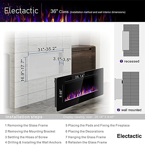 Electactic 36 inches Electric Fireplace Recessed and Wall Mounted Electric Fireplace, Fireplace Heater and Linear Fireplace, with Timer, Remote Control, Adjustable Flame Color, 750w/1500w, Black