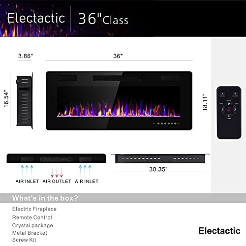 Electactic 36 inches Electric Fireplace Recessed and Wall Mounted Electric Fireplace, Fireplace Heater and Linear Fireplace, with Timer, Remote Control, Adjustable Flame Color, 750w/1500w, Black