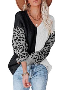 ancapelion women’s v neck sweater pullover leopard long sleeve basic color block jumper casual knitted tops leopard grey xx-large