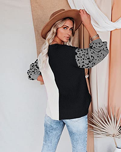 ANCAPELION Women’s V Neck Sweater Pullover Leopard Long Sleeve Basic Color Block Jumper Casual Knitted Tops Leopard Grey XX-Large