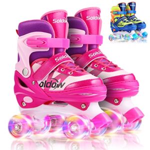 soldow adjustable roller skate light up rollerskates for girls boys, flashing kids roller skates with full illuminating wheels