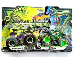 metal hotwheels monster trucks roarin rumble 1-64 scale double pack, radiated scorpion vs pure muscle hydra