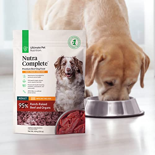 ULTIMATE PET NUTRITION Nutra Complete, 100% Freeze Dried Veterinarian Formulated Raw Dog Food with Antioxidants Prebiotics and Amino Acids, (Beef, 16 Ounce)