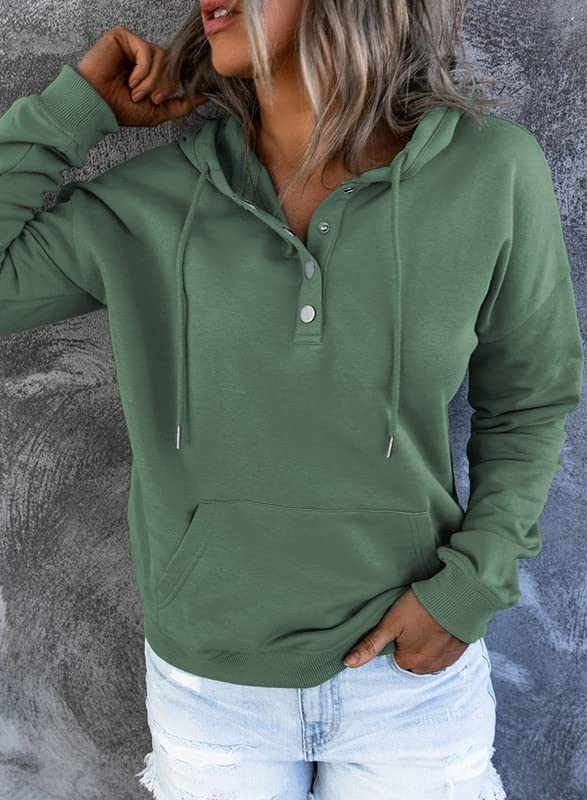 Dokotoo Women's Fashion Hoodies & Sweatshirts Drawstring Long Sleeve Front Button Collar Hooded Pullover with Pockets Winter Sweatshirts for Women Plus Size Casual Ladies Fall Shirt Tops XXL Green