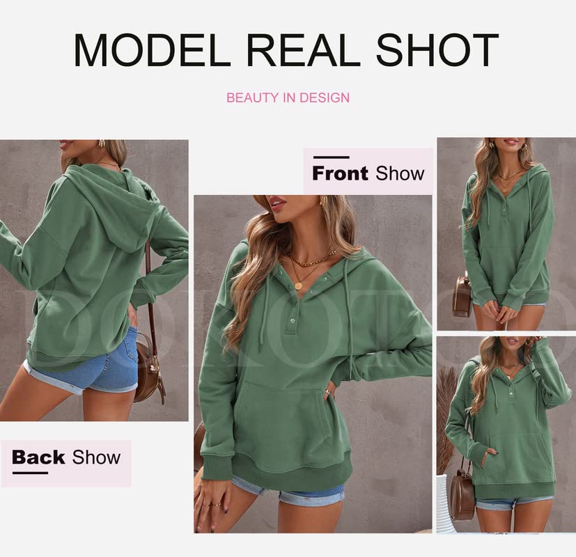 Dokotoo Women's Fashion Hoodies & Sweatshirts Drawstring Long Sleeve Front Button Collar Hooded Pullover with Pockets Winter Sweatshirts for Women Plus Size Casual Ladies Fall Shirt Tops XXL Green