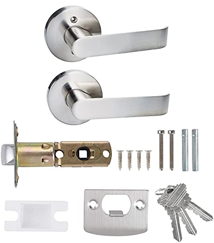 NEWBANG Single Cylinder Handleset Front Door Lock & Satin Nickel Door Handle Lever Modern Contemporary Handleset with Lever Lockset (Double Handleset, 1 Handleset + 1 Pack Door Lever, Satin Nickel)