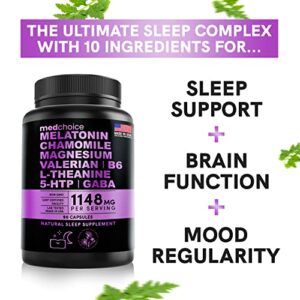 10-in-1 Melatonin Capsules - 6mg Melatonin Natural Sleep Aid with L Theanine, 5 HTP, GABA, Valerian Root, Chamomile, Vitamin B6, Magnesium for Sleep Support - Sleep Supplement (Pack of 1)