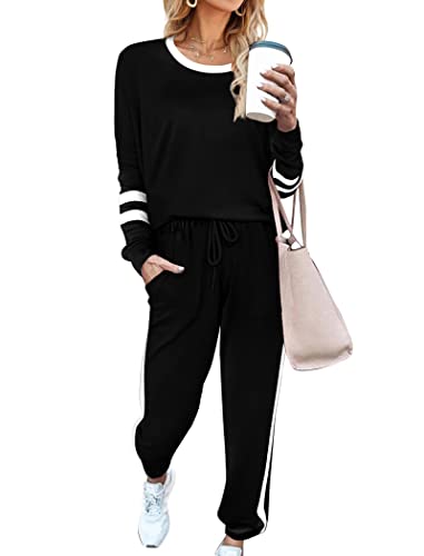 Aloodor Womens Loungewear Set Fall Tracksuit Elasticized Waistband Pants Workout Sets Black L