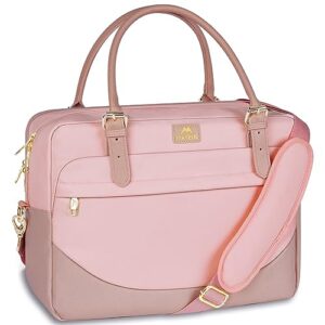 laptop bag for women, 15.6 inch computer briefcase sleeve case, large water-resistant cute messenger work tote bible bag with crossbody shoulder strap gift for office travel business college, pink