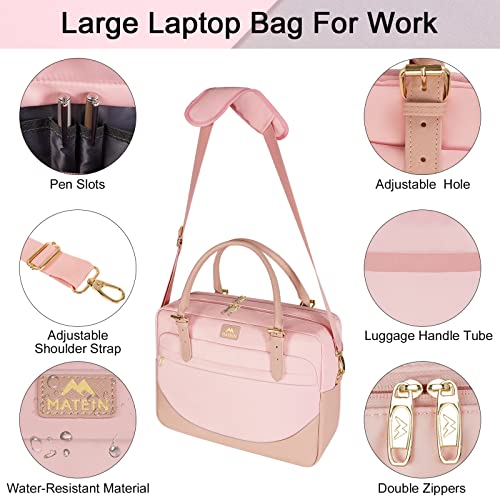Laptop Bag for Women, 15.6 inch Computer Briefcase Sleeve Case, Large Water-resistant Cute Messenger Work Tote Bible Bag with Crossbody Shoulder Strap Gift for Office Travel Business College, Pink