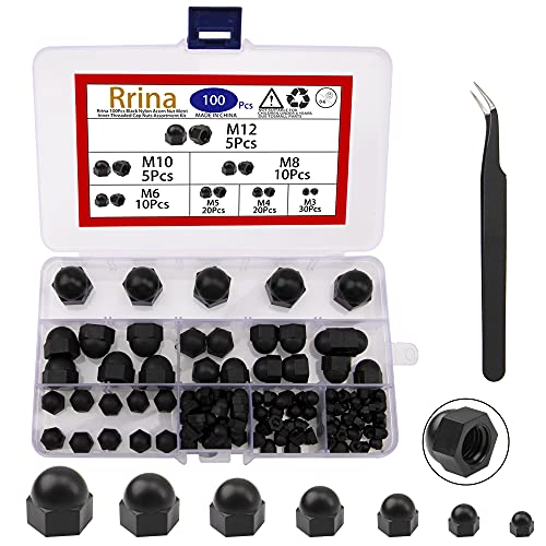 Rrina 100Pcs Black Nylon Dome Acorn Nut Inner Threaded Cap Nuts Assortment Kit,7 Sizes M3, M4, M5, M6, M8, M10, M12