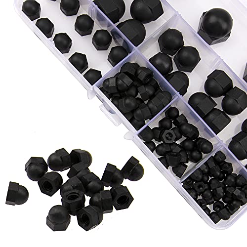 Rrina 100Pcs Black Nylon Dome Acorn Nut Inner Threaded Cap Nuts Assortment Kit,7 Sizes M3, M4, M5, M6, M8, M10, M12