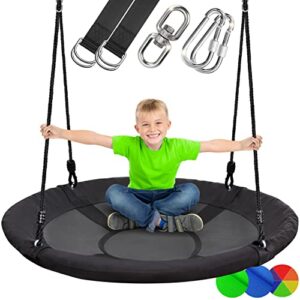 serenelife saucer swing with hang kit, outdoor tree swing with swivel spinner for kids (black)
