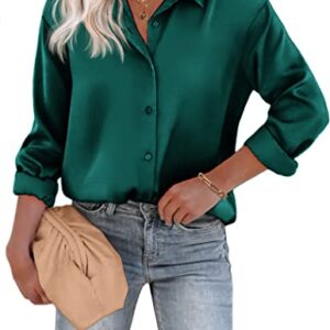 Chigant Women's Long Sleeve Shirts Satin Silk Work Blouse Button Down Tunic Tops(Dark Green,Small)