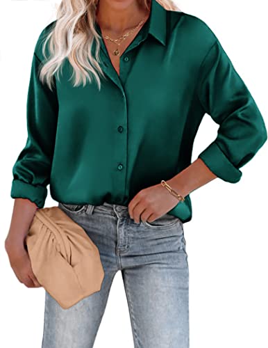 Chigant Women's Long Sleeve Shirts Satin Silk Work Blouse Button Down Tunic Tops(Dark Green,Small)