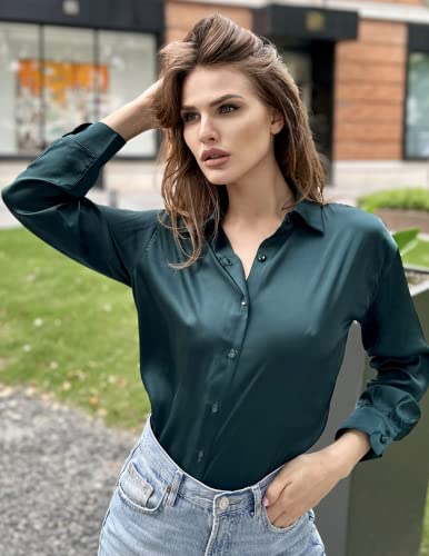 Chigant Women's Long Sleeve Shirts Satin Silk Work Blouse Button Down Tunic Tops(Dark Green,Small)