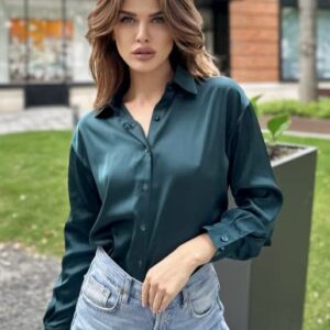 Chigant Women's Long Sleeve Shirts Satin Silk Work Blouse Button Down Tunic Tops(Dark Green,Small)