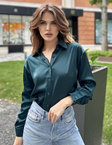 Chigant Women's Long Sleeve Shirts Satin Silk Work Blouse Button Down Tunic Tops(Dark Green,Small)