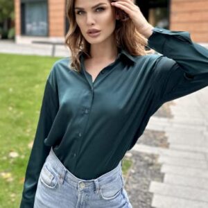 Chigant Women's Long Sleeve Shirts Satin Silk Work Blouse Button Down Tunic Tops(Dark Green,Small)