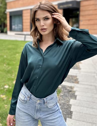 Chigant Women's Long Sleeve Shirts Satin Silk Work Blouse Button Down Tunic Tops(Dark Green,Small)