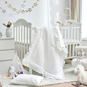 3 pieces crib bedding set baby ruffle quilted comforter with fitted sheet and pillow - cute ruffled shabby chic bedding soft blanket design white