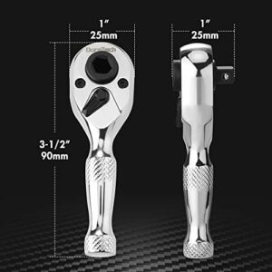 DURATECH 1/4-Inch Stubby Ratchet Wrench, Socket&Bit Driver, 72-Tooth, Chrome Alloy Made, Chrome Plated Finish