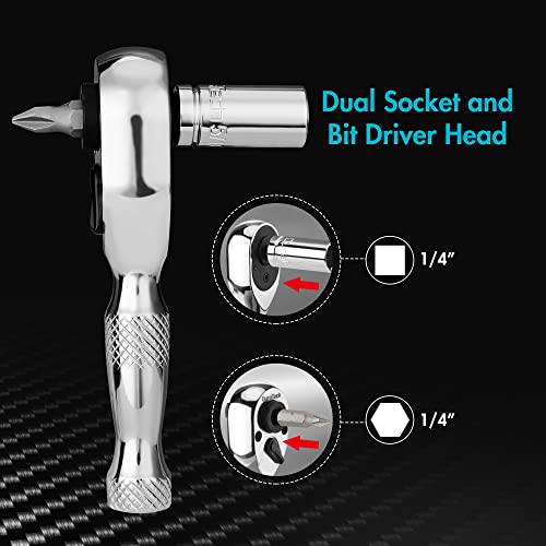 DURATECH 1/4-Inch Stubby Ratchet Wrench, Socket&Bit Driver, 72-Tooth, Chrome Alloy Made, Chrome Plated Finish